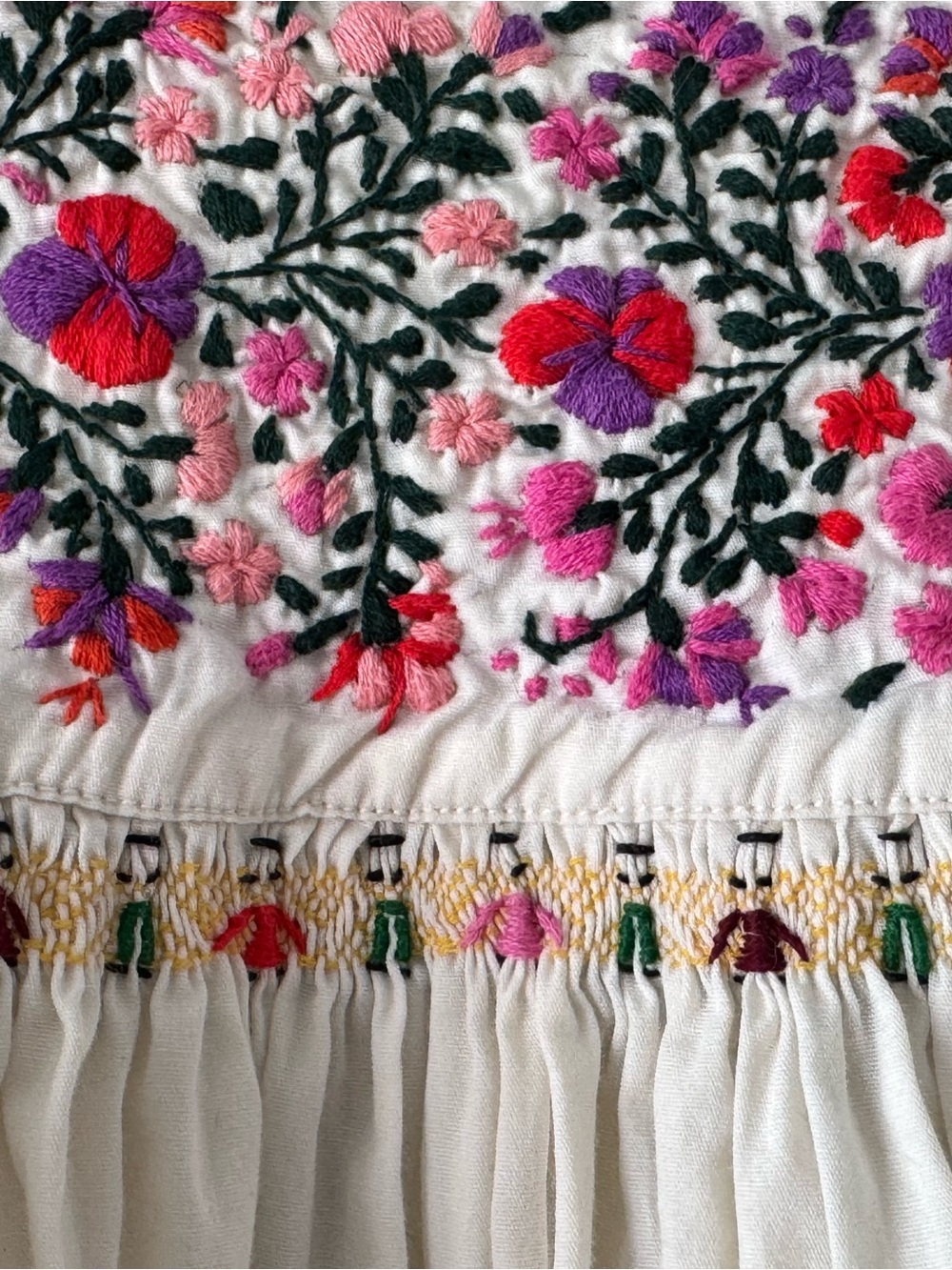 Vintage 60s 70s Cotton Oaxacan Maxi Dress w/ Colorful Floral Hand-Embroidery Med - Picture 13 of 16